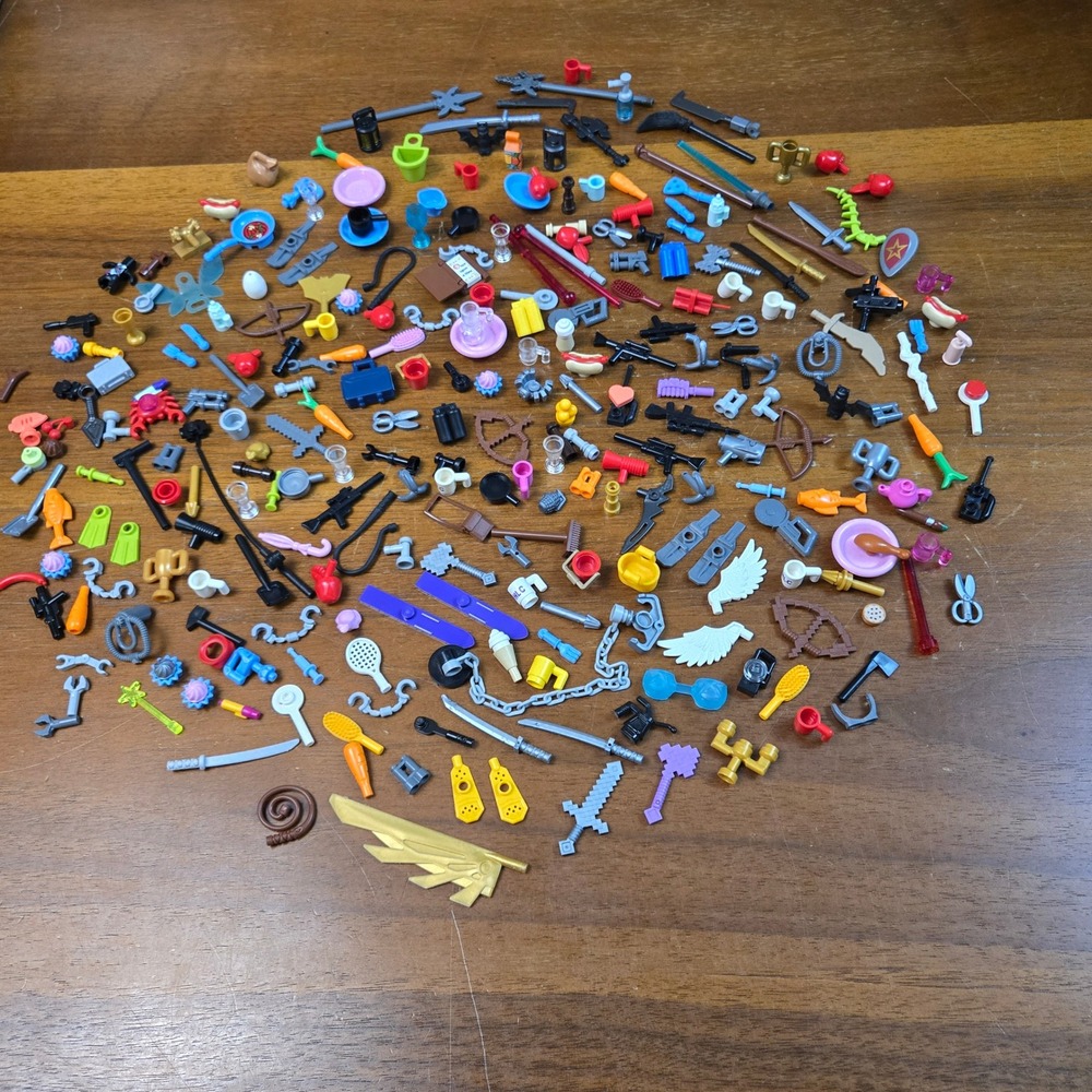 Huge LEGO Minifigure Accessories Lot Weapons Food Tools Swords Bulk Parts Mixed